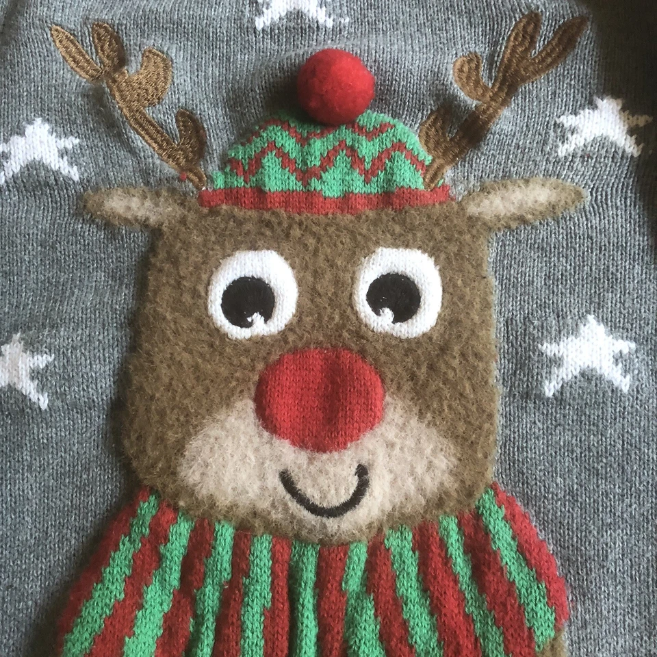 Suéter H&M Gris Tejido Navidad Vacaciones Rojo Nariz Reno Talla 4-6Y Foto 2 de 4