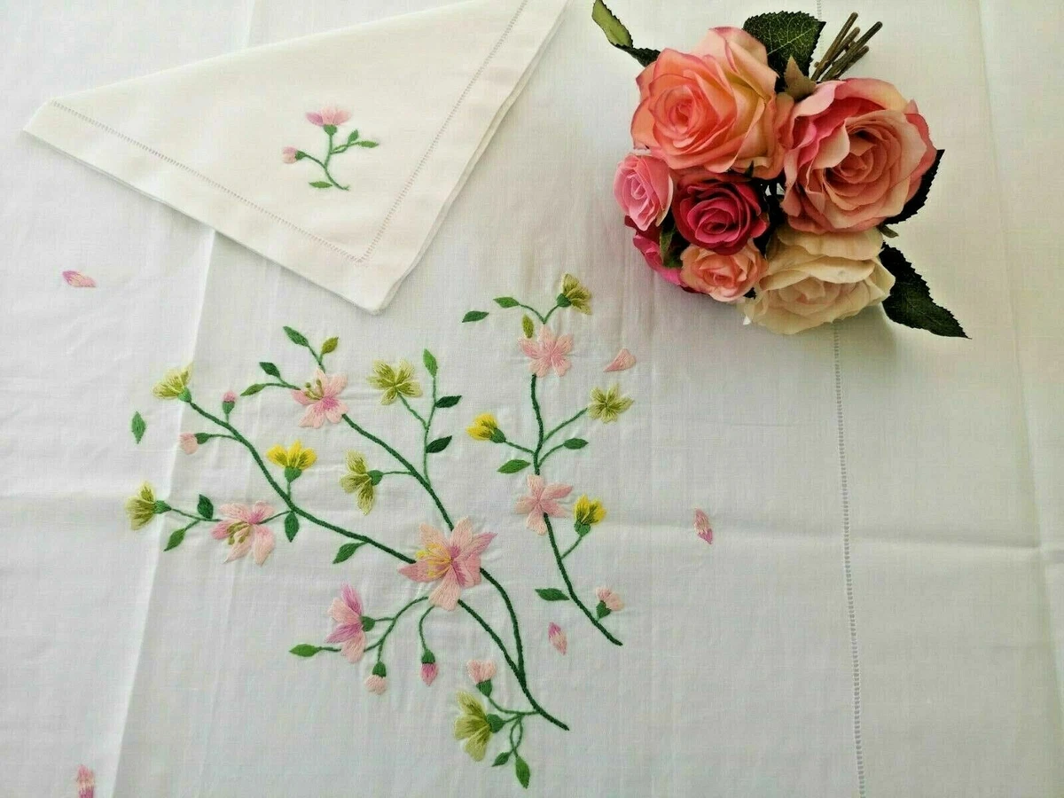 Nappe De Table En Pur Lin Brodée Main - Lot De 12, Blanc, Qualité Supérieure