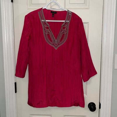 Escada Sport Fuchsia Pleated Silk Tunic Sz 10 (German 40) V-Neck Embroidered