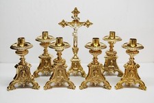 7 PC. ALTAR SET - 6 SHORT 6" BRASS JMJ ALTAR CANDLE STICKS & ALTAR CROSS - 175sh
