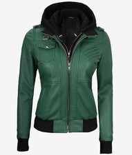 Women's New Moto Biker Removable Hood Bomber Sheepskin Green Leather Jacket