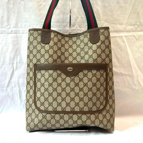 GUCCI Vintage Tote Bag, GG Pattern, Sherry Line Logo, A4 Size Authentic Handbag