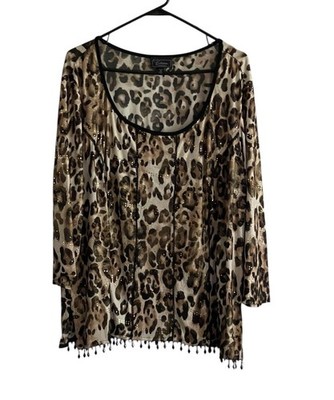 Dressbarn Collection Blouse Womens Sz 20 Black Tan Leopard Beaded Hemline USA