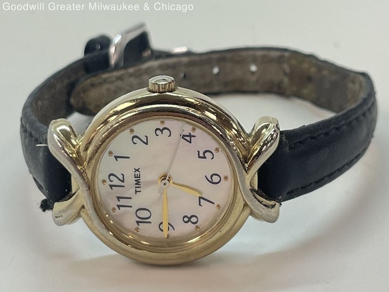 Timex Gold Tone MOP Dial Black Leather Women's Watch 16.1g