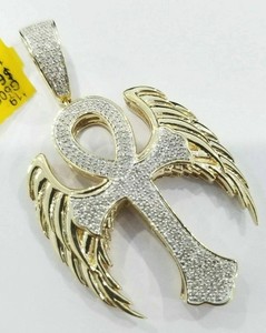Authentic 2Ct Round Moissanite Ankh Cross Angel Wings Men's Pendant 14K Yellow Gold Plated