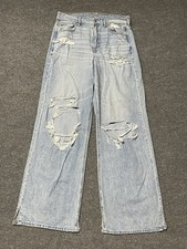 American Eagle Jeans Women  s Super High-Rise Baggy Wide Leg Blue 8 Long Distress