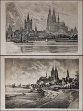 2 alte Lithographien Radierung Köln Stadtansicht