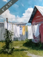 Clothesline with linens drying in breeze beside barn 8x10 Matte Print