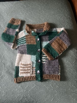 Handmade Knit Patchwork Style Cardigan Colorblock Buttons Green Brown Size M