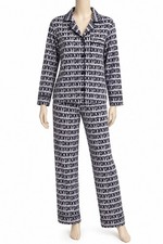 DKNY Women s M Navy Logo Print Two-Piece Pajama Set Long Sleeve Top Pants NWT