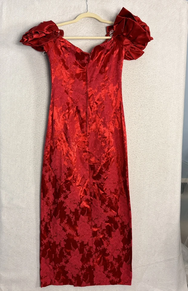 Vestido De Colección Años 90 Rojo Fiesta Baile de graduación Floral Frontal Abertura Manga Abullonada Talla 5 Hombro Descubierto Foto 3 de 4