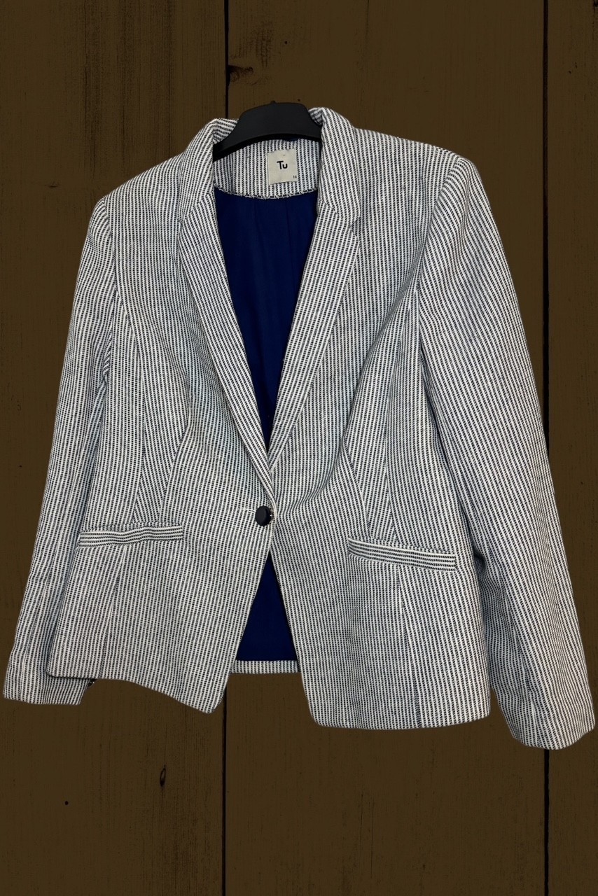 Tu Woman Grey White Textured Stripe Blazer Jacket Size 18 Smart Workwear