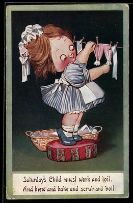 Postcard Saturday's Child Must Work..., Little Housewife Hanging Laundry 1910 