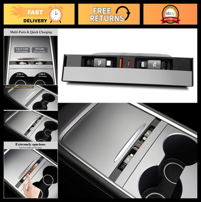 USB Hub Charger for Tesla Console - Fast Charging Retractable Cables Docking Sta