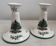 Pair Of Spode Christmas Tree Ceramic Candle Holders Candlesticks England 5.5”