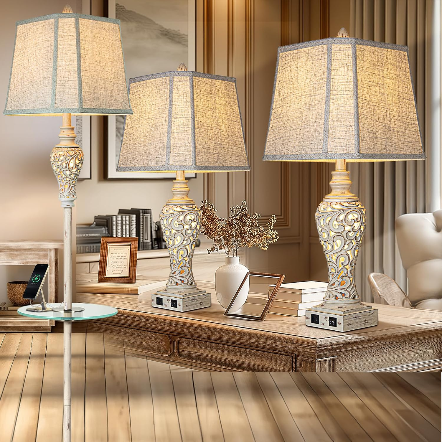 65-Inch Tray Floor Lamp and 28.5-Inch Table Lamp Set for Bedside or Living Room Lighting