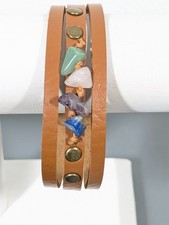 Beachy Boho Purple Green Stone Brown Faux Leather stud Snap Cuff Bracelet 7.5 in