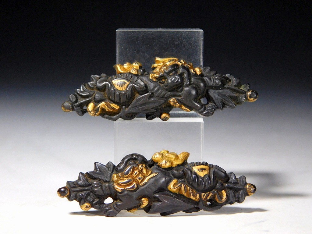 Shishi and Peony 43mm Large Kinko 目貫 Menuki Edo original tsuba antique