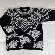 Vintage 80s 90s Western Connection Womens Sweater Black White Floral Faux Pearls