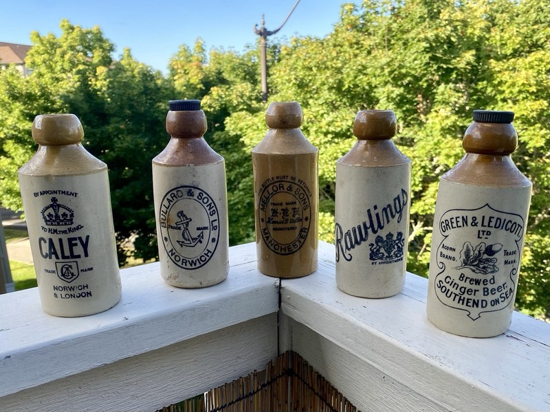 5 Antique English Stoneware Ginger Beer Bottles Caley Bullard Rawlings Mellor