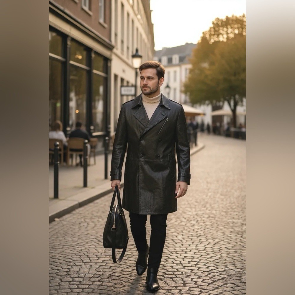 John Varvatos Black Leather Coat Sz 50EU Modern Lapel Hidden