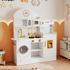 White Gold Kids Pretend Play Kitchen Set Wooden Toy Sound Light Washing Machine