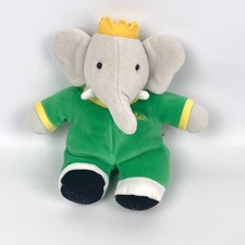 GUND Babar the Elephant Plush Stuffie Toy Rattle Green Suit and Crown 8"