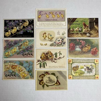 10 Antique Easter Chick Postcard Lot #6 Baby Chicks Ducks Hats Barn Pussy Willow