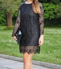 ZARA Black Lace Shift Dress Guipure Long sleeve Evening Mini Dress L RRP £39