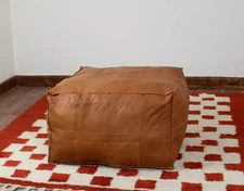Leather Moroccan Pouffe Ottoman Footstool 30'' Boho Square Wonderful Un-Stuffed