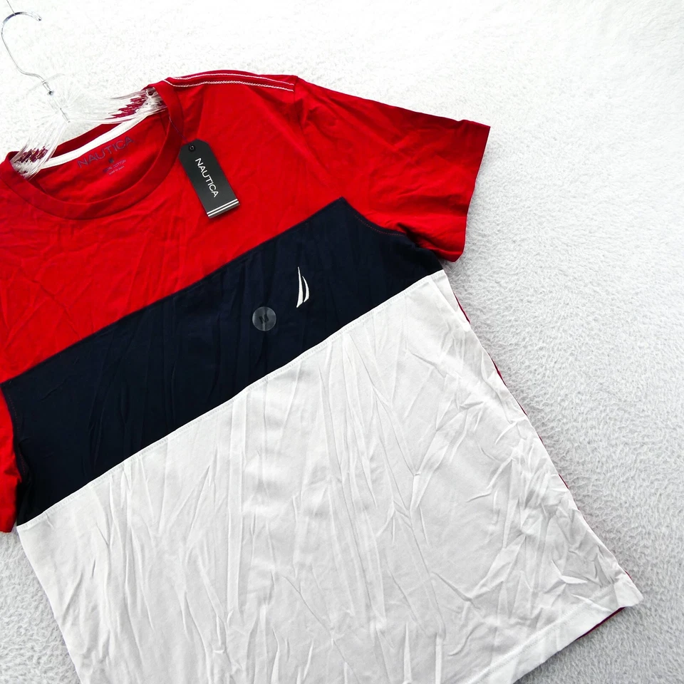 Camisa Nautica Para Hombres Mediana Roja Bloques de Color Manga Corta Algodón Camiseta Nueva Prenda para el torso Preppy Foto 3 de 4