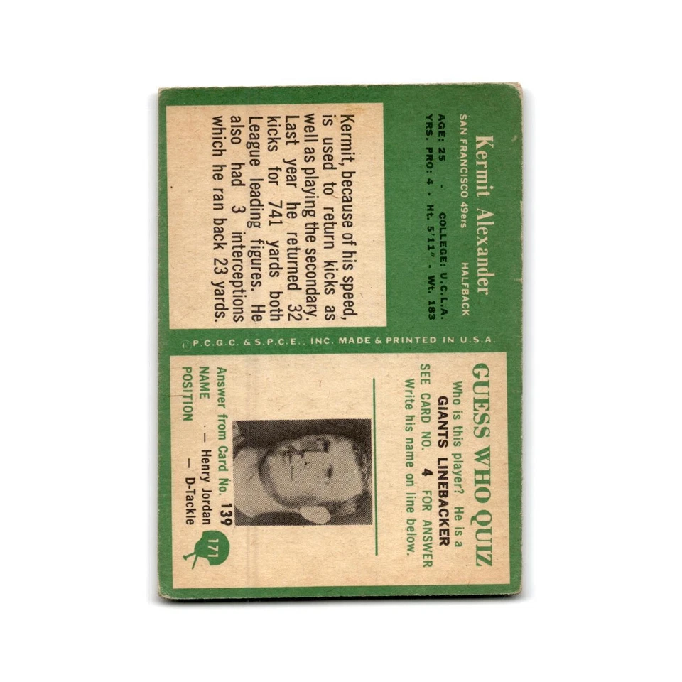 1966 Philadelphia Kermit Alexander 49ers #171 - Image 2 of 3