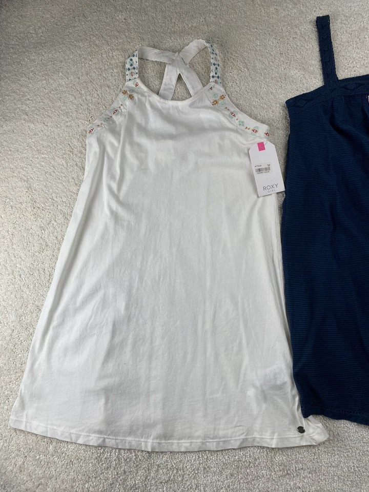 Vestido Roxy Niña Niñas Talla 12 L Azul Blanco Bordado Playa Solero Lote 2 NUEVO Foto 3 de 4