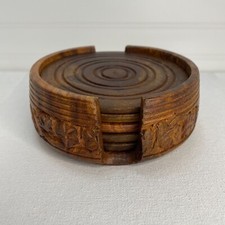 5 Wooden Coasters w/ Carved Wooden Holder By Beyond Woodwork Pakistan 3.75" Dia.