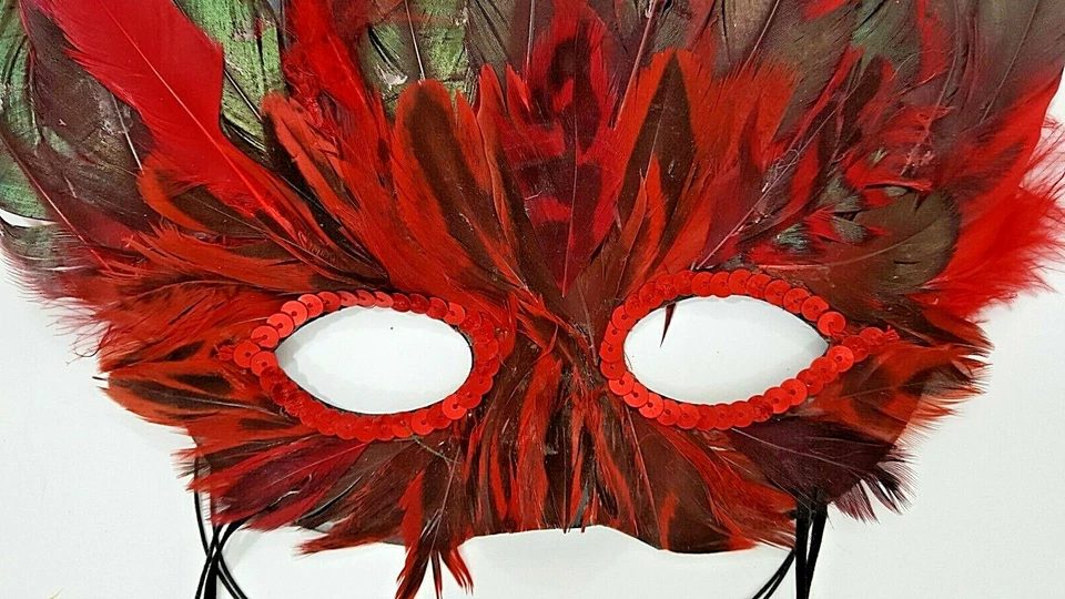 Red & Black Feathered Mardi Gras Mask With Feather Tassels Elegant - Image 4 of 4