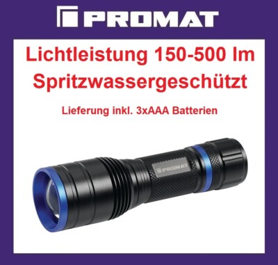 Promat LED Taschenlampe 150-500 lm Aluminiumgehäuse spritzwassergeschützt 170m