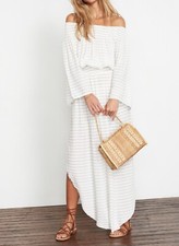 FAITHFULL THE BRAND pousada maxi dress striped off shoulder white size 38