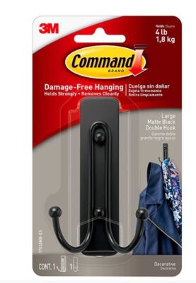 New ! Command Large Double Hook, Matte Black, 1 Hook, 1 Strip/Pack (17036MB-ES)
