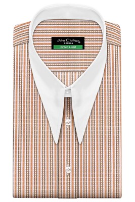Men's Classic Sharp Spear Pointed Dagger Collar Brown Orange Stripes Dress Shirt