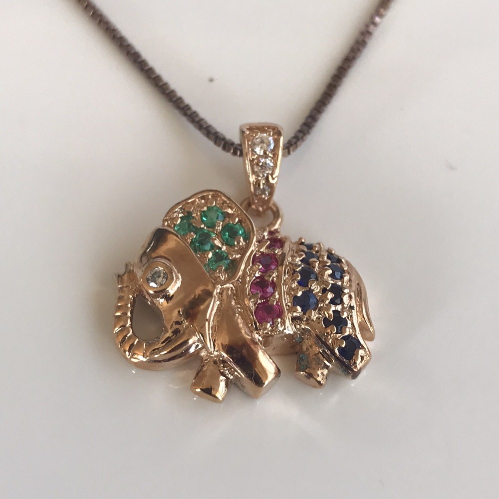 18kt Gold over Sterling Silver Elephant Pendant with Created Stones.