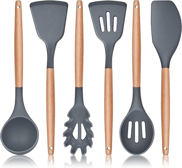 KüChenhelfer Set Silikon 6 StüCk Mit Holzgriff Grau Kochutensilien-image