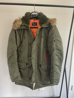 Alpha Industries Green Fur Trim Hooded Parka Jacket Button Zip Pockets Men L