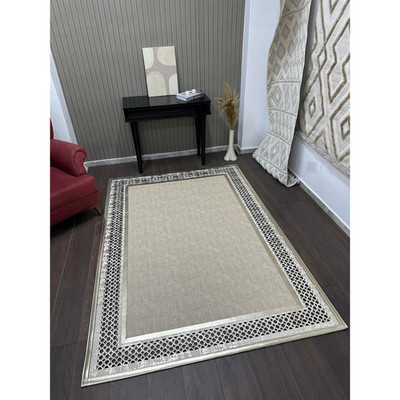 Ecru Rug with Light Gold Shimmer Border   Laser Cut Leather Edge Carpet