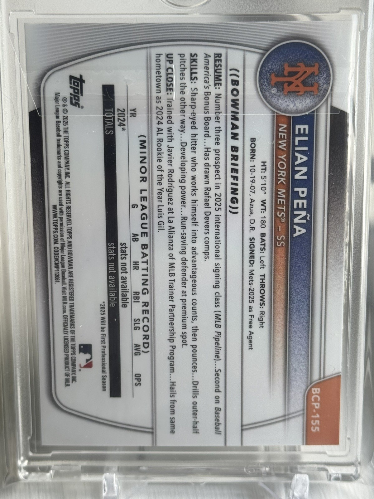 2025 1st Bowman Chrome Elian Pena Blue Refractor /150 RC #BCP-155 Mets view 2