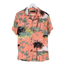 All Saints Hawaiian Shirt Mens Small Pink Tropical Palm Trees Luau Cuban Collar