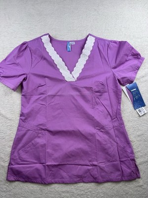 Landau For Her Scrub Top Size Large Lace V Neck Design  Light Purple