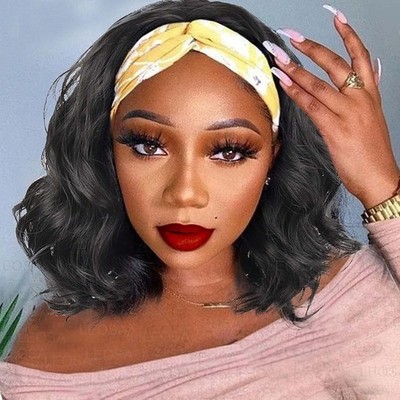 Black Headband Big Wave Short Curly Synthetic Wig Full Head Cap Wig for