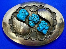 Native American Indian Navajo Feather Turquoise Stones Large Artisan Belt Buckle