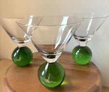 Vintage Green Bubble Ball Stemless Martini Cocktail Glasses  Set of 3 Heavy Base