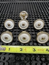 Set of 7 Vintage Round Cabinet Knobs White & Gold Polished Metal 1.5in
